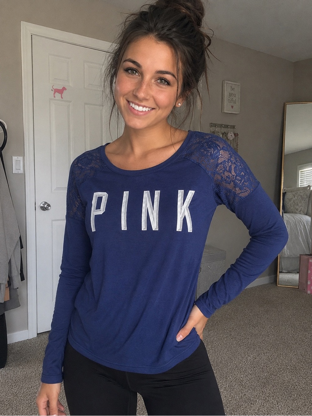 PINK Victoria's Secret Navy Blue Lace-Shoulder Long Sleeve Tee